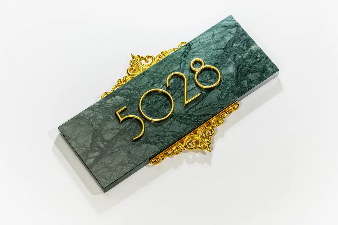 Green marble look custom address plaque 5026 with raised gold number