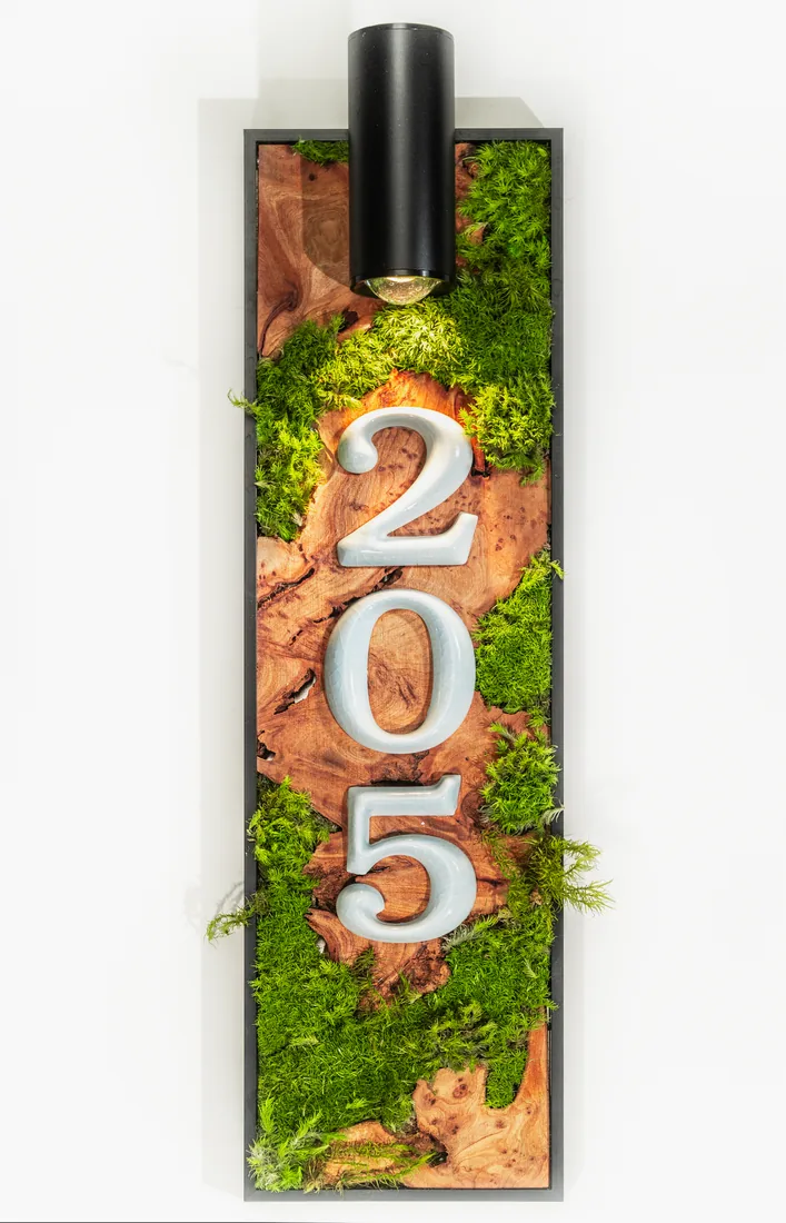 Vertical wood-and-moss address plaque with silver numbers 205 and a cylindrical downlight