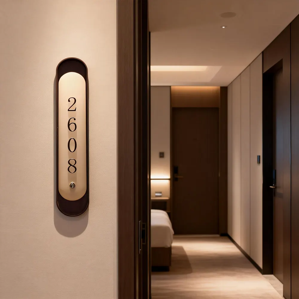Slim vertical hotel room number sign 2668 installed beside a corridor door