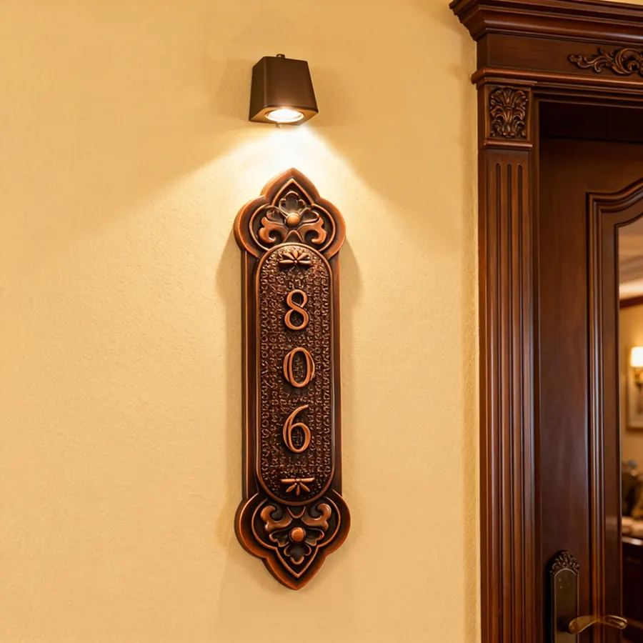 Solid aluminum relief hotel room number sign 8305 on wood door surround