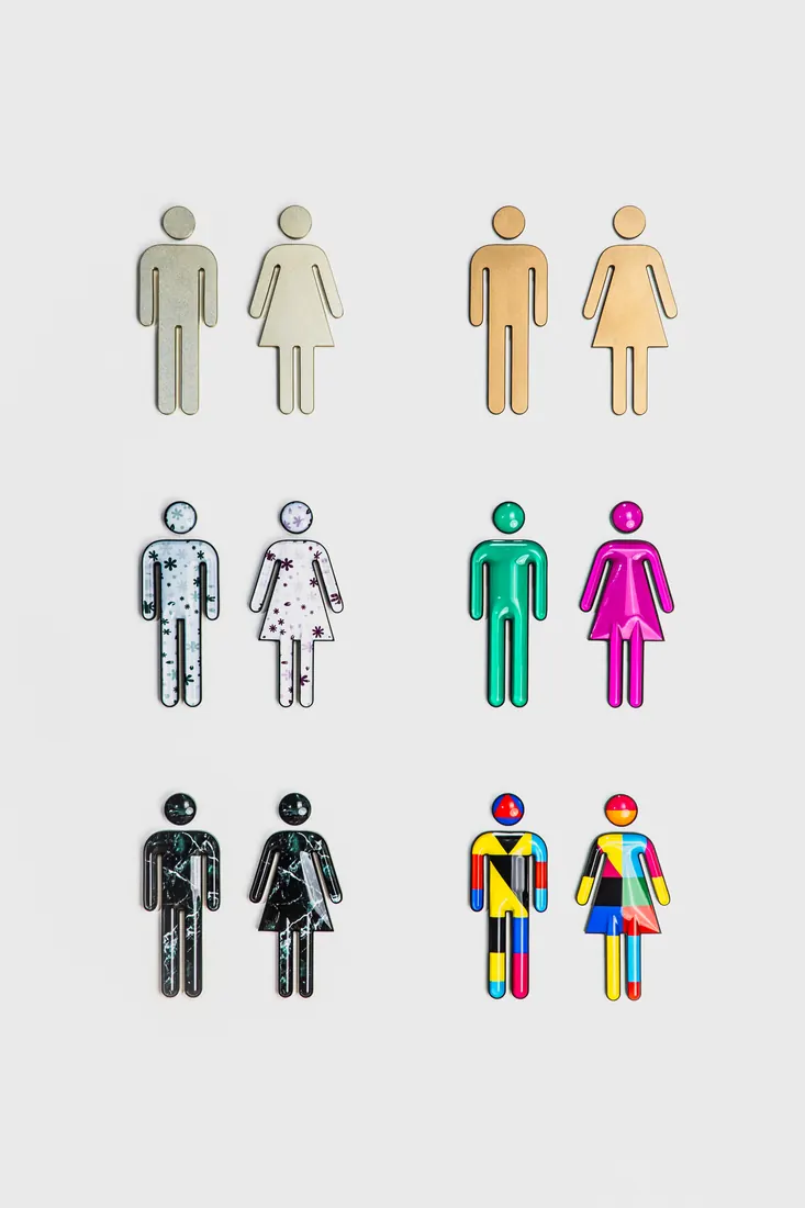 Restroom pictogram signs in multiple color and finish options