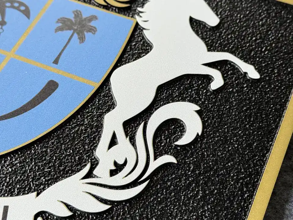 Crest relief plaque with aged metal surface detail