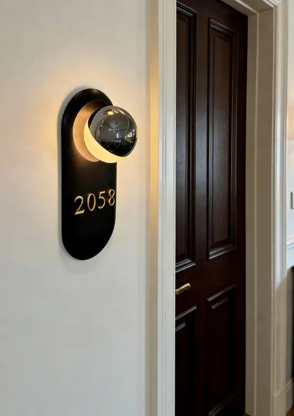 Black illuminated hotel room number sign installed beside a door